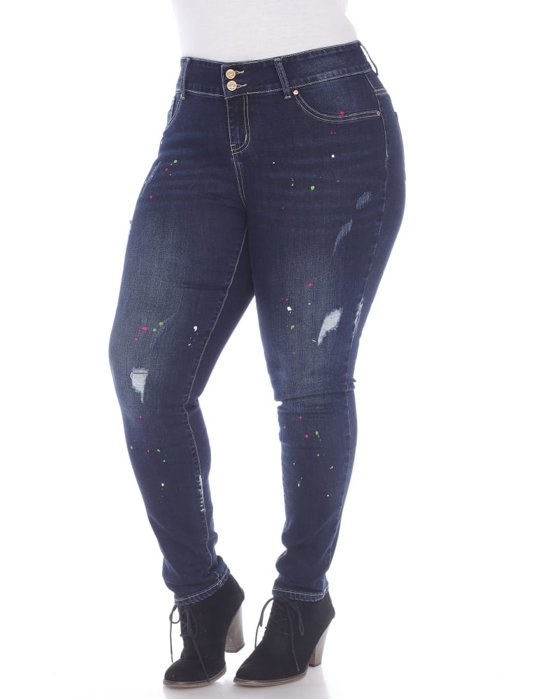 Front of a model wearing a size 20 Paint Effect Dark Blue Denim in Dark Blue by White Mark. | dia_product_style_image_id:247092